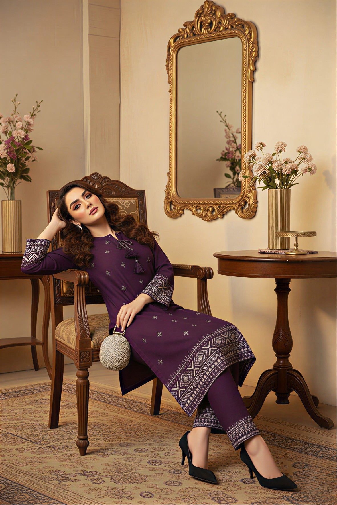 Plum Elegance Embroidered Kurta Set