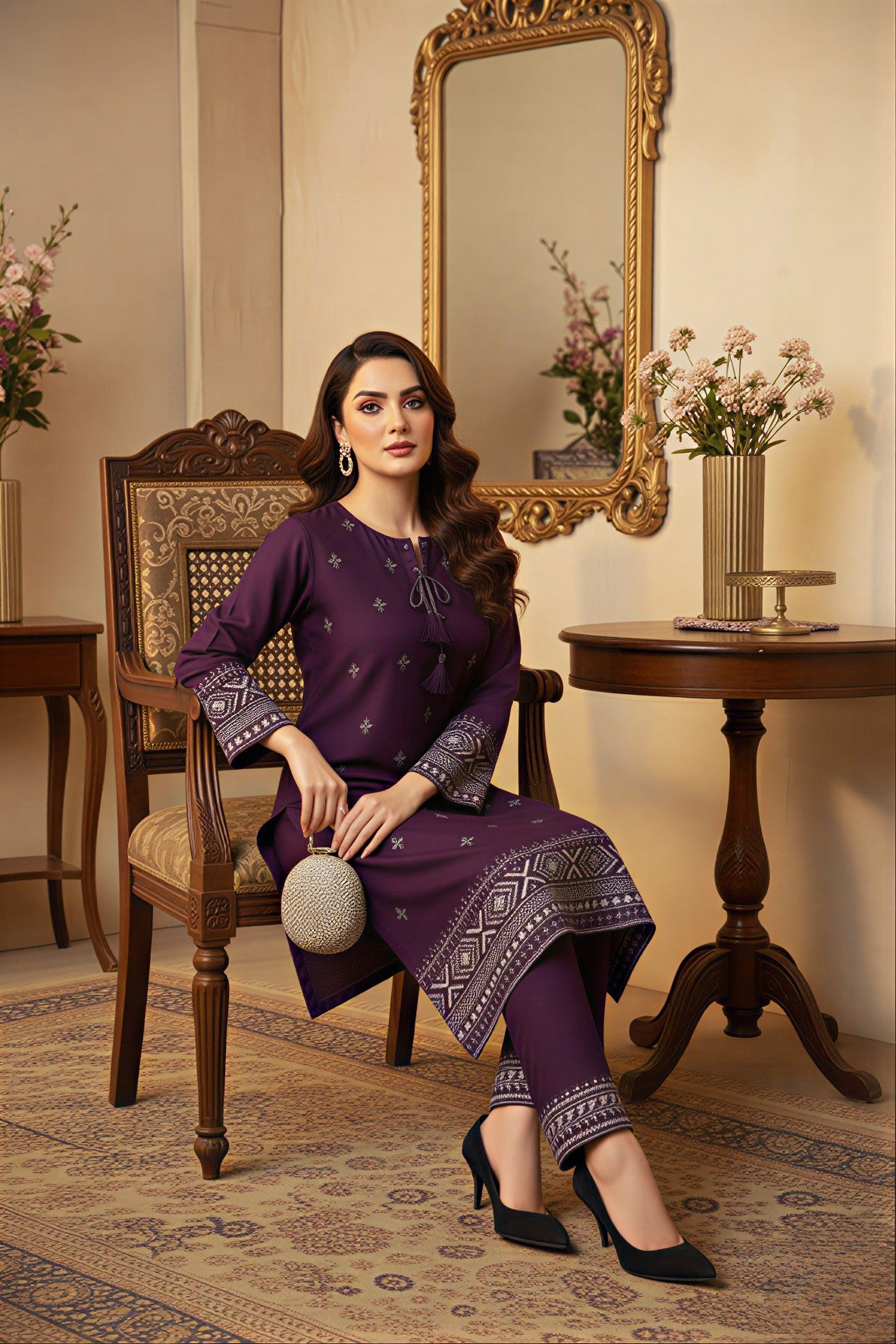 Plum Elegance Embroidered Kurta Set