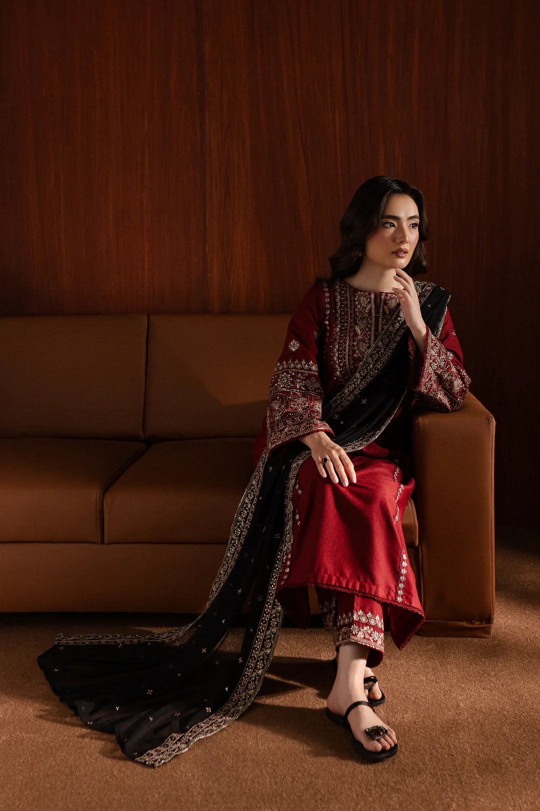 Crimson Noir Embroidered Three-Piece Suit