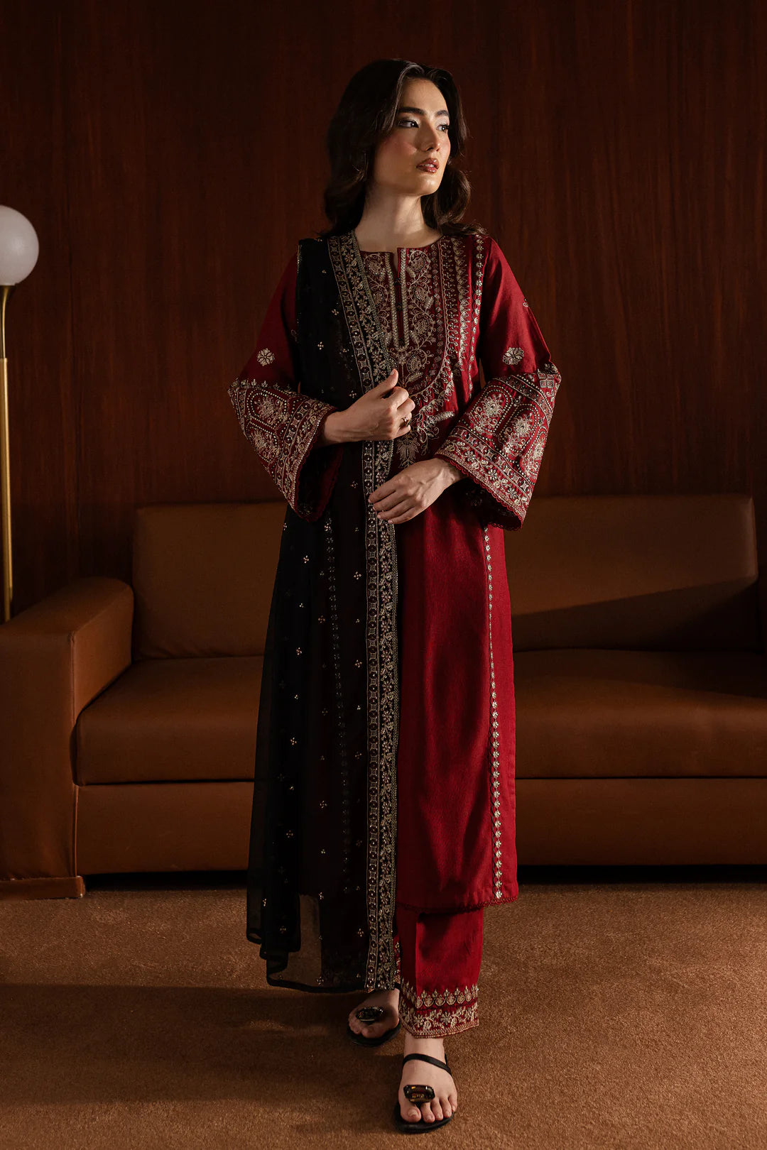 Crimson Noir Embroidered Three-Piece Suit